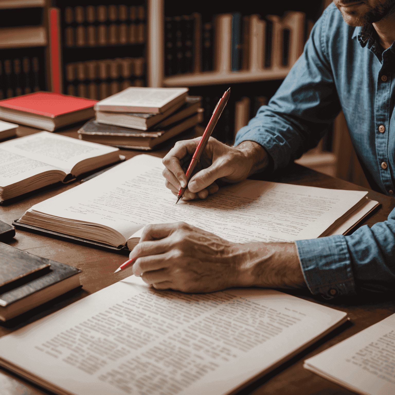 A professional editor working on a manuscript, surrounded by books and using a red pen to make corrections. The image conveys a sense of expertise and attention to detail.
