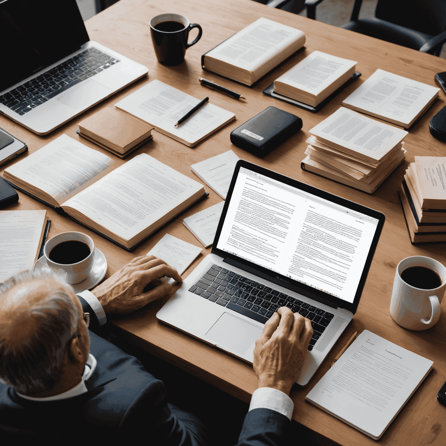 A professional consultant discussing publishing options with an author. The image shows a desk with manuscripts, a laptop, and various publishing-related documents.